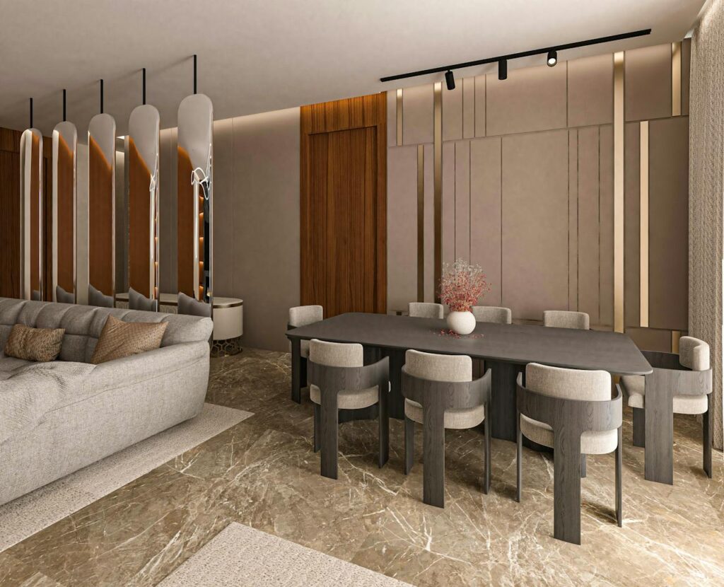 Elegant contemporary interior showcasing a luxurious dining area and cozy seating arrangement.
