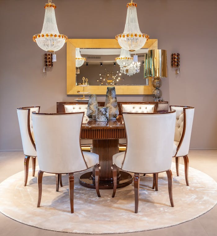 Vases on round wooden table with chairs placed on rug near brown wall with mirror in stylish spacious apartment with glowing chandelier